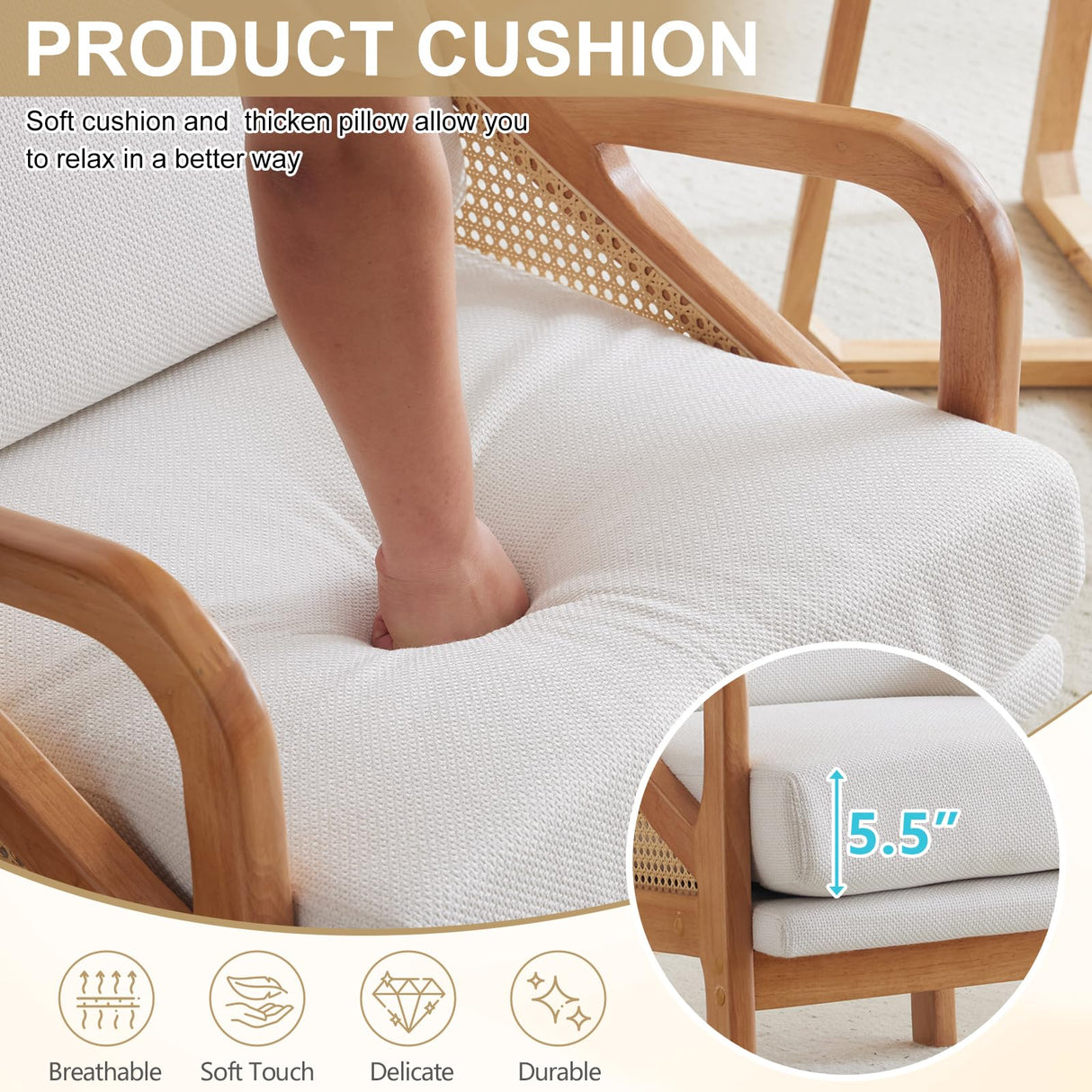 Karl home Modern Accent Chair, Mid-Century Woven Rattan Chairs with Upholstered Lounge Armchair with Oak Wood Frame & Soft Cushion for Living Room, Bedroom, Reading Room (White) Karl home