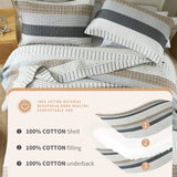 Finlonte Queen Size Quilt Set, 100% Cotton, Grey Striped Reversible Lightweight Soft Quilted Comforter Set for All Season, 3-Piece Finlonte
