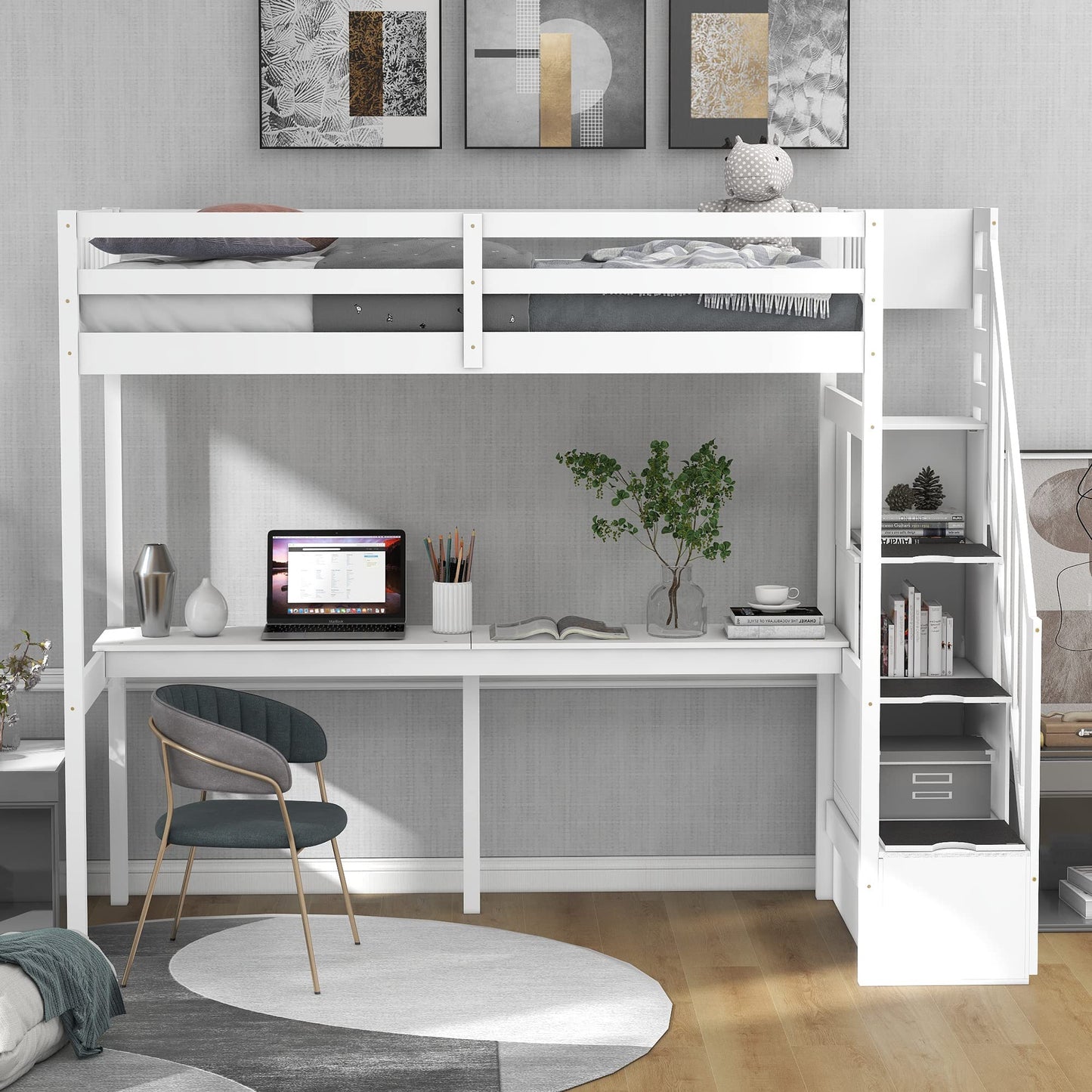 SOFTSEA Twin Loft Bed with Integrated Desk and Storage Stairs in White