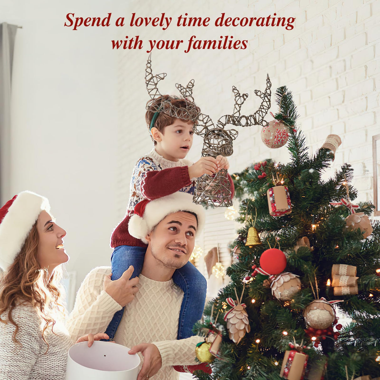 Lewondr Christmas Tree Topper, Metal Frame Deer Tree Topper with 50 Warm Light Beads, Remote & USB Operated Tree Topper with Lights 6H Timer, Xmas Tree Decor for Holiday Home Decoration, Brown Lewondr