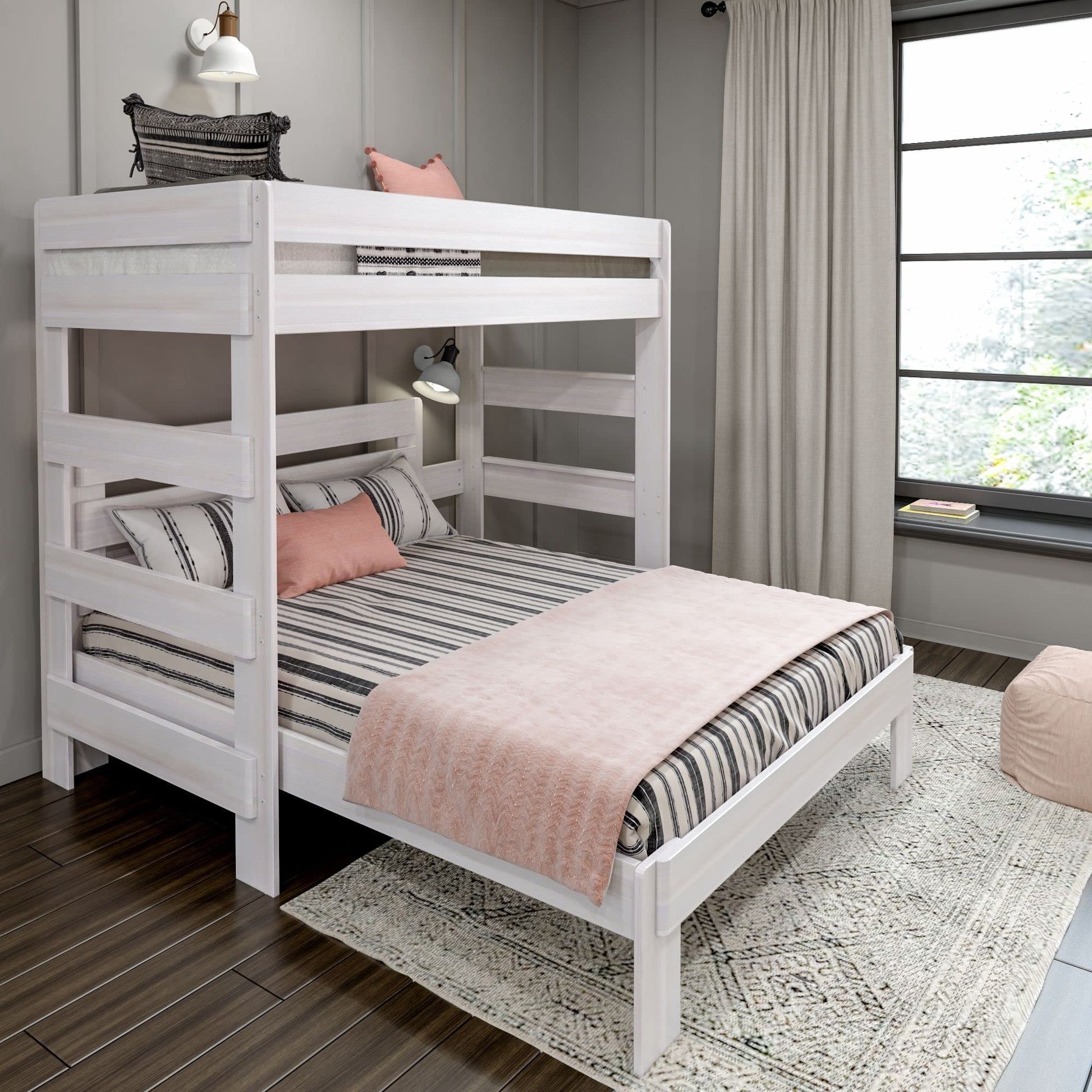 Max & Lily L-Shape Twin-Over-Queen Farmhouse Bunk Bed in White Wash - WoodArtSupply