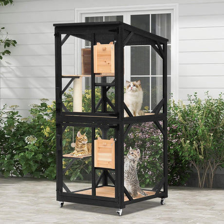 Nicedday Large Cat Catio, 4 Tiers Outdoor Cats House with Removable Platforms, Cat Outdoor Enclosure Window Access with Waterproof Cover, Indoor Catio with Caster nicedday