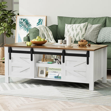 YESHOMY Coffee Table with Sliding Barn Doors & Storage, Wooden Center Rectangular Cabinet with Adjustable Shelves, for Livingroom, Bedroom, Home Office, White YESHOMY