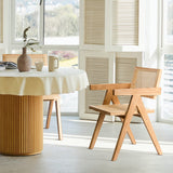comfy to go Rattan Dining Chairs Set of 4, Wooden Armchair Cane Kitchen Chairs with Arms, Light Walnut Color comfy to go