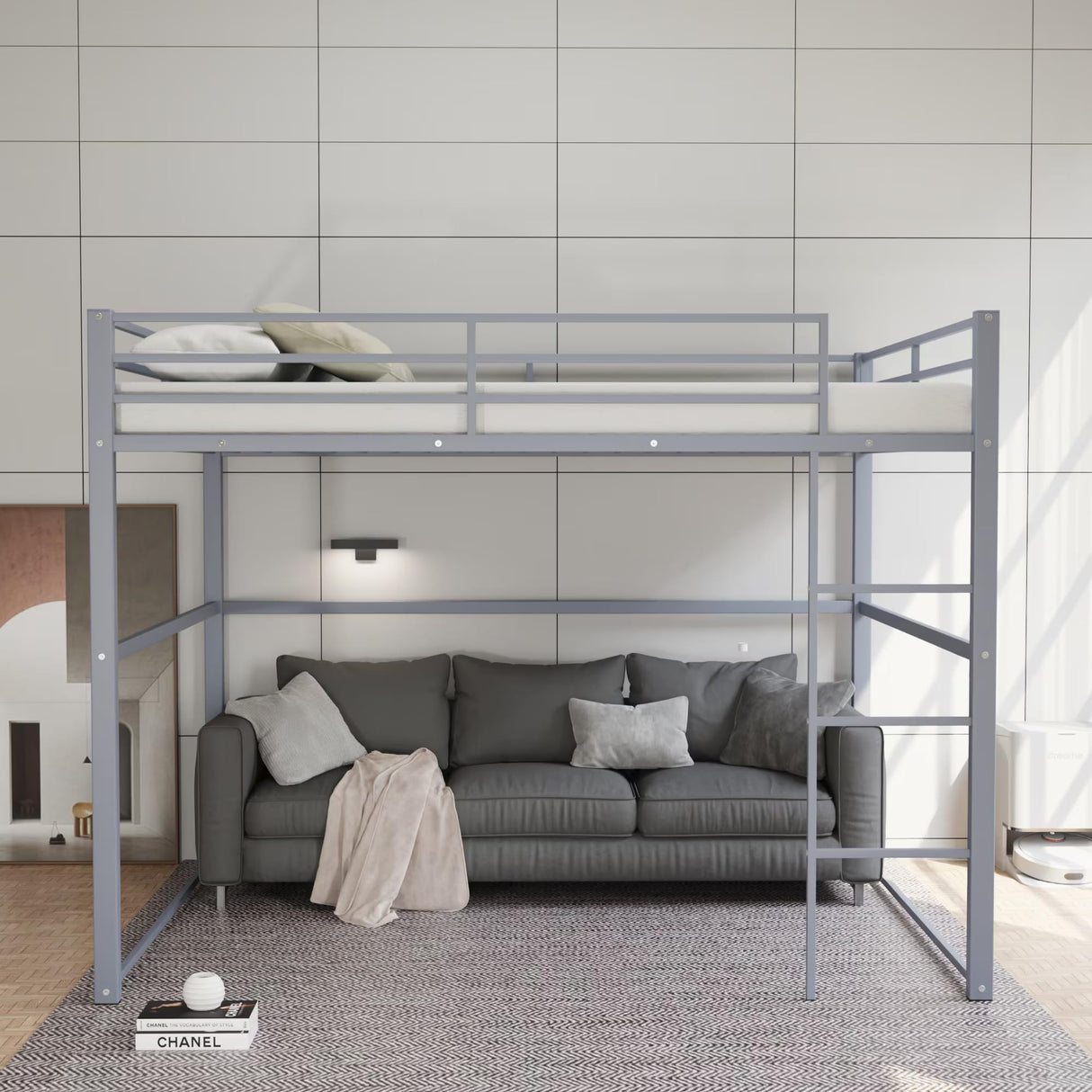 Metal Loft Bed Full Size, Loft Bed Frame with Safety Guard Rails & Flat Ladder, Twin Loft Bed for Kids Teens Adults, Gray Softa