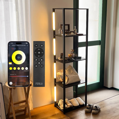 FENLO Fancy - LED Display Shelf with Dimmable Lights, LED Shelf Floor Lamps for Living Room, Sturdy Corner Shelf Curio Cabinet Display, Tall Floor Lamps with Shelves FENLO