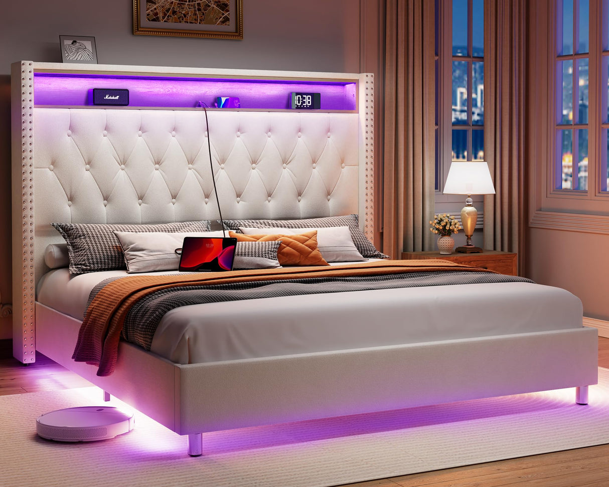 Jocisland King Size Bed Frame 53.6'' Tall Headboard LED Lights and Charging Station, Velvet Hign Upholstered Platform Bed Wingback Storage, No Box Spring Needed, Motion Activated Light, Cream Jocisland