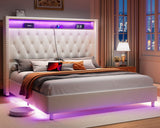 Jocisland King Size Bed Frame 53.6'' Tall Headboard LED Lights and Charging Station, Velvet Hign Upholstered Platform Bed Wingback Storage, No Box Spring Needed, Motion Activated Light, Cream Jocisland