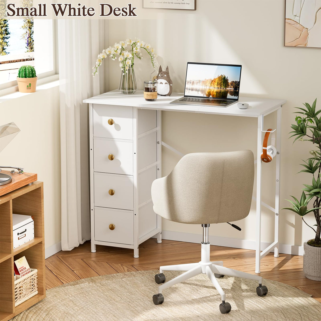 DAOUTIME Small Writing Desk with 4 Fabric Drawers, 35.4 Inch Computer Desk for Home Office, Simple PC Desk for Small Places, Kids Girls Teen Study Table for Bedroom Dorm, White DAOUTIME