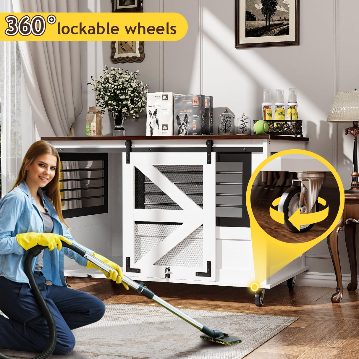 kepptory 47 inch XL Dog Crate Furniture with Top-Access Teasing/Feeding Doors, Farmhouse Wooden Decorative Dog Crates with Wheels, Chew-Resistant Dog Crates End Table for Medium&Large Dogs, White kepptory