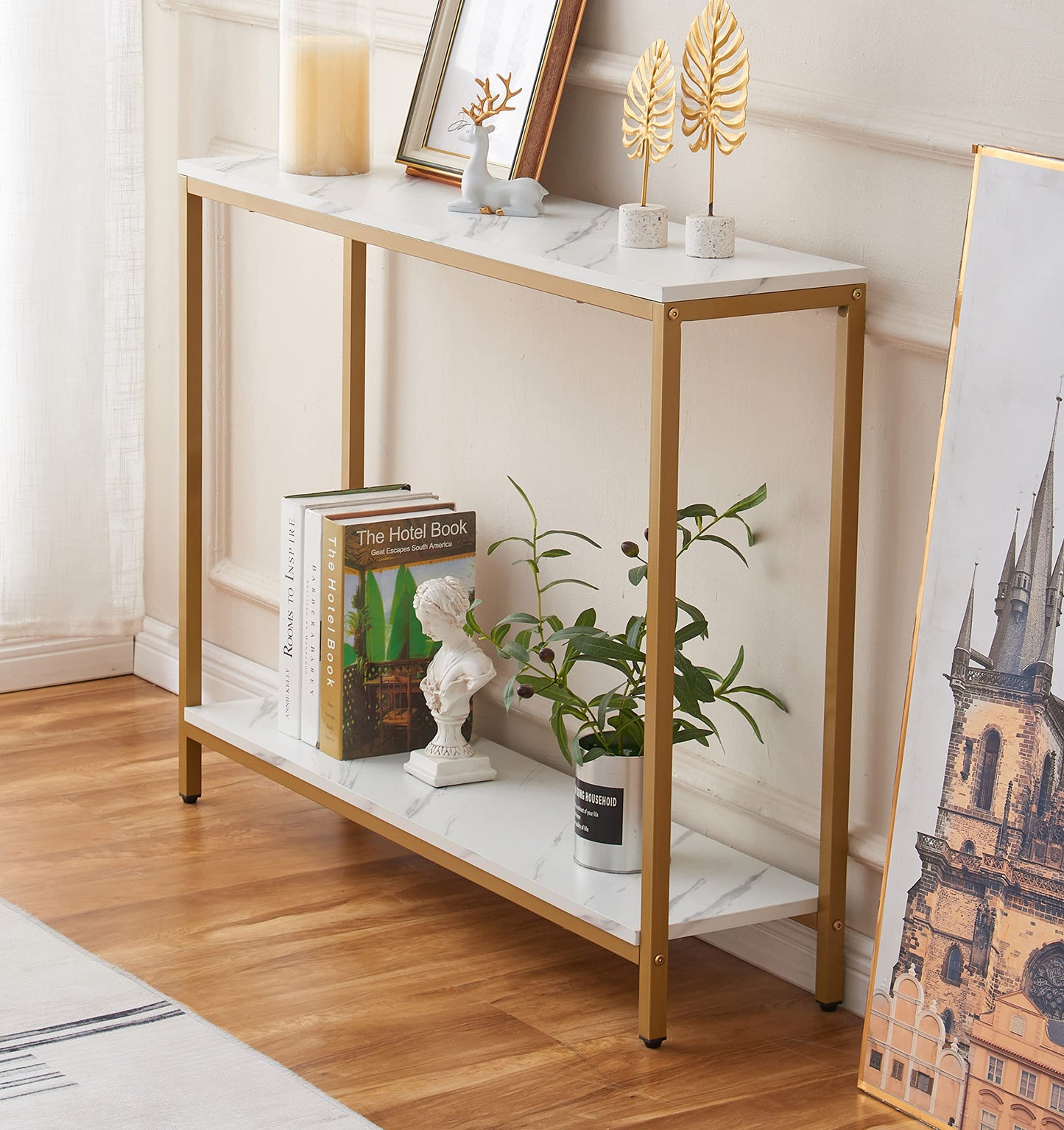 loglus Console Table for Entryway, Faux Marble MDF Sofa Table with Golden Frame (Double Layer, White Marble) - WoodArtSupply