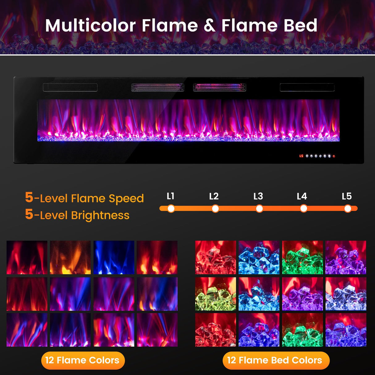 COSTWAY Ultra-Thin Electric Fireplace 72-inch Wide, 750W/1500W Wall-Mounted and Recessed Fireplace Heater with 12 Flame and Flame Bed Color, Remote and Smart APP Control, Decorative Crystal Included COSTWAY