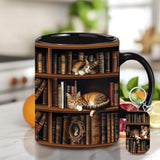 YIDAJI Bookshelf Gift - Cat Bookshelf Mug - Gifts For Women - Unique Gift For Book Lover, Reader, Librarian, Writer - Birthday Gift Idea For Cat Lover, Owner Cat - Book Mug, Coaster, Keychain YIDAJI