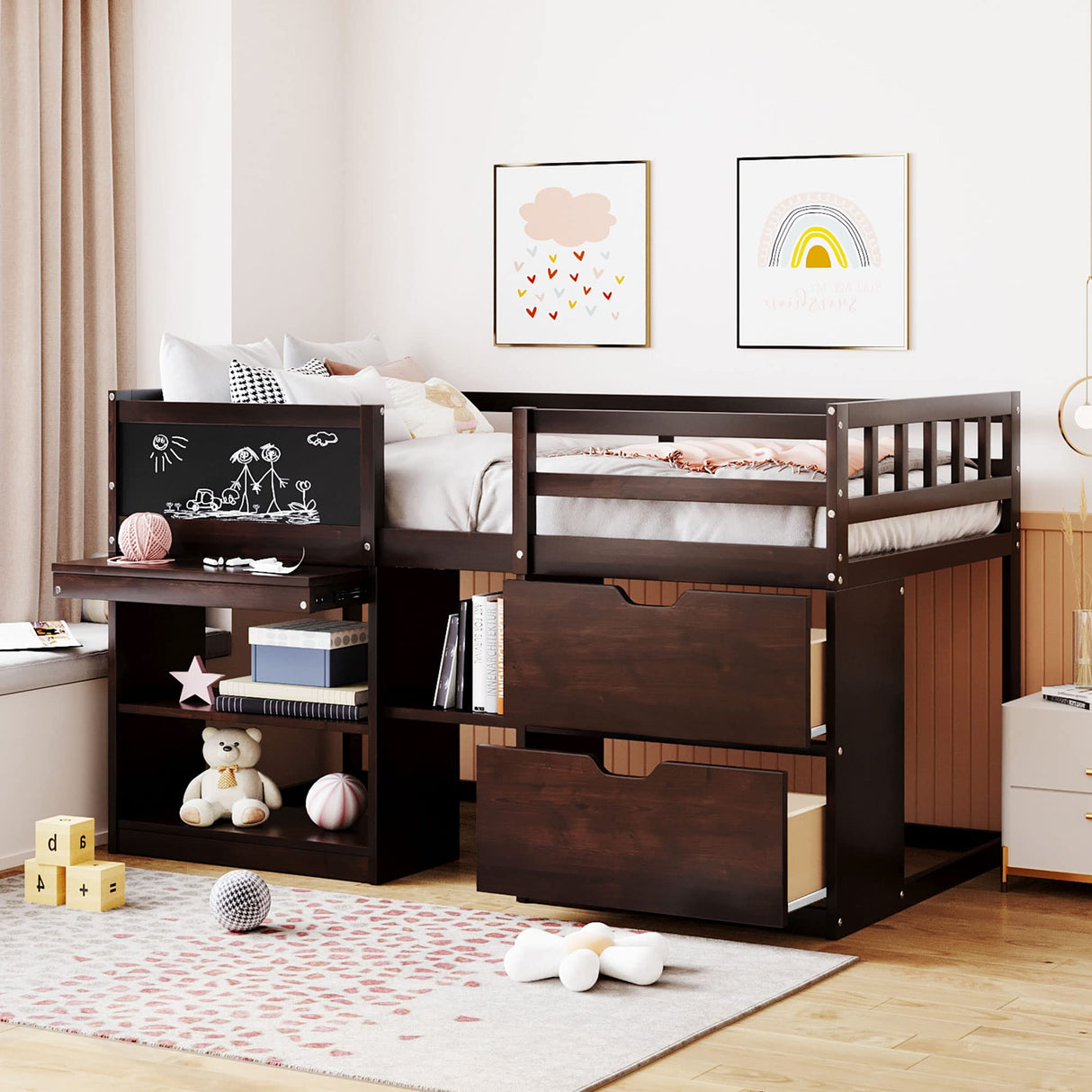 Harper & Bright Designs Low Loft Bed with Rolling Desk and Storage Shelves, Twin Size Loft Beds with 2 Drawers and Chalkboard, Wood Junior Twin Loft Bed Frame for Kids Boys Girls Teens, Espresso Harper & Bright Designs