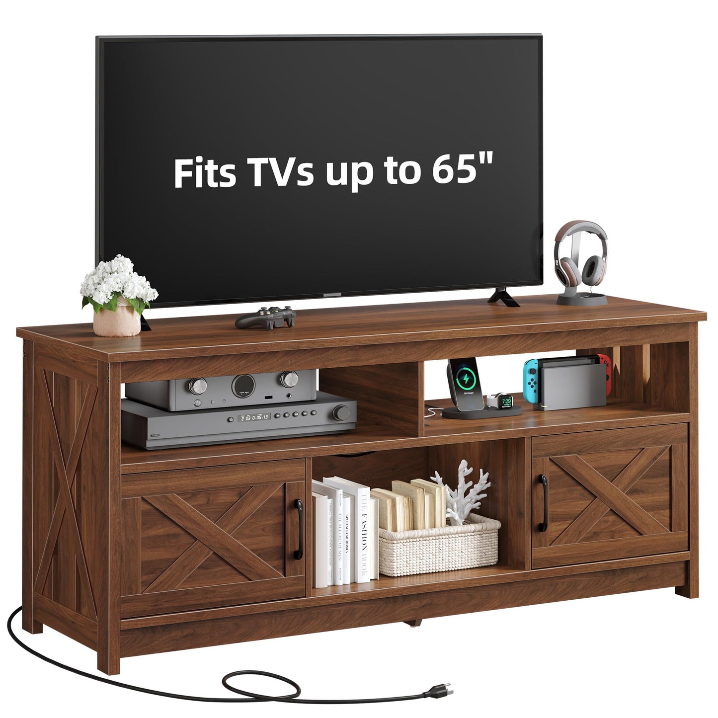 YITAHOME Farmhouse TV Stand for 65 Inch Television Stand, Entertainment Center with Power Outlets and Open Shelf, Rustic Media Console TV Cabinet for Living Room, Walnut