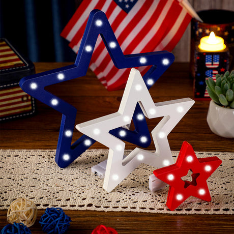 3 Pieces 4th of July Star Table Decorations Patriotic Star Light up Wooden Sign Independence Day Tabletop Centerpiece Red White Blue Wood Decor for Memorial Day Tiered Tray Table Home Decor Seeloowy