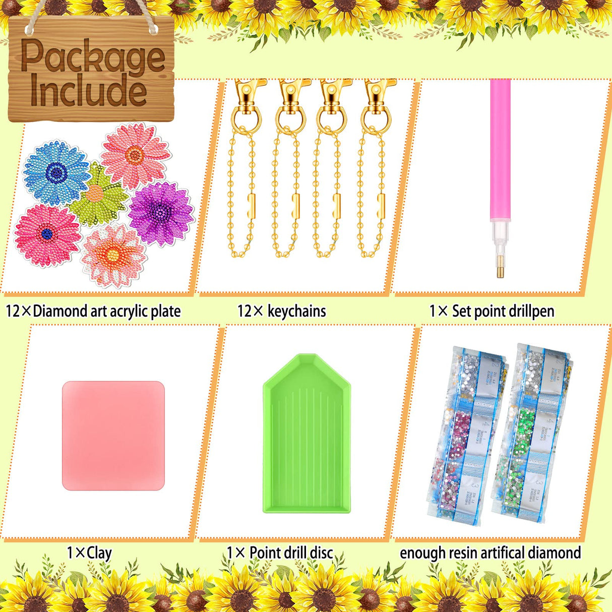 Bucherry 12 Pcs Flowers Diamond Painting Keychains 5d Spring Diamond Art Key Rings Sunflower Hanging Ornaments for DIY Craft(Rustic Style) Bucherry