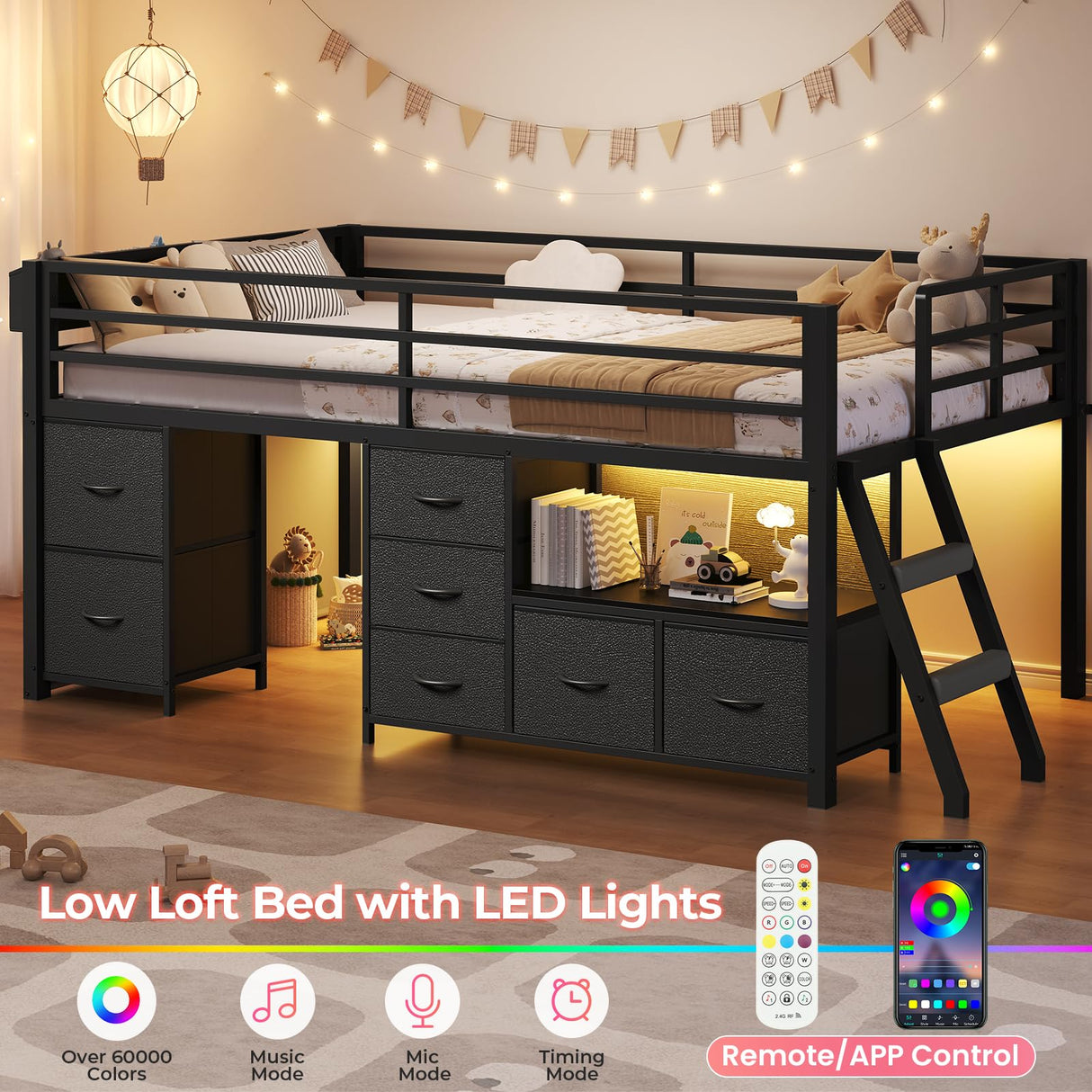 ADORNEVE Low Loft Bed Twin Size with 7 Storage Drawers, Bookcase and LED Lights, Metal Kids Loft Bed with 14" H Safety Guardrail,Inclined Ladder and Play Curtain, Under-Bed Play Space, Black ADORNEVE