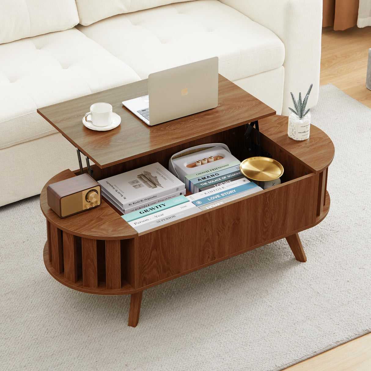 FurSch Wood Lift Top Coffee Table with Hidden Storage, 47.24" Oval Lift Table Top Curved Profile Design Conversation Table for Living Room, Office (Walnut) FurSch