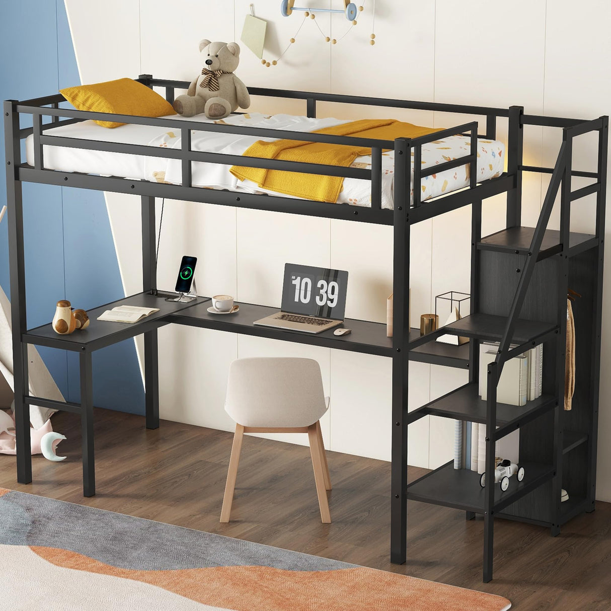 Twin XL Loft Bed with Stairs and Wardrobe, Heavy Duty Loft Bed with Desk and Storage, RGB LED Loft Bed with USB Port, Outlets and Adjustable Shelf(Black Twin XL) Bellemave