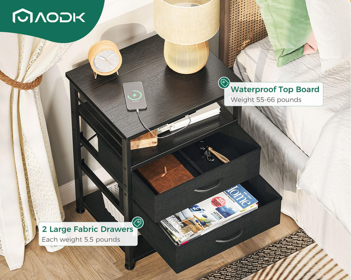 AODK Night Stand with Charging Station, End Table for Bedroom Tall Nightstand with Drawers, Small Nightstand for Bedroom, 4 Tier Storage Bedside Table, Black AODK
