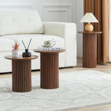 Bifins Round Nesting Coffee Table Set of 3,Mid Century Modern Fluted Coffee and End Table Set,Small Circle Wooden Side Table Drink Table for Living Room (Walnut) Bifins