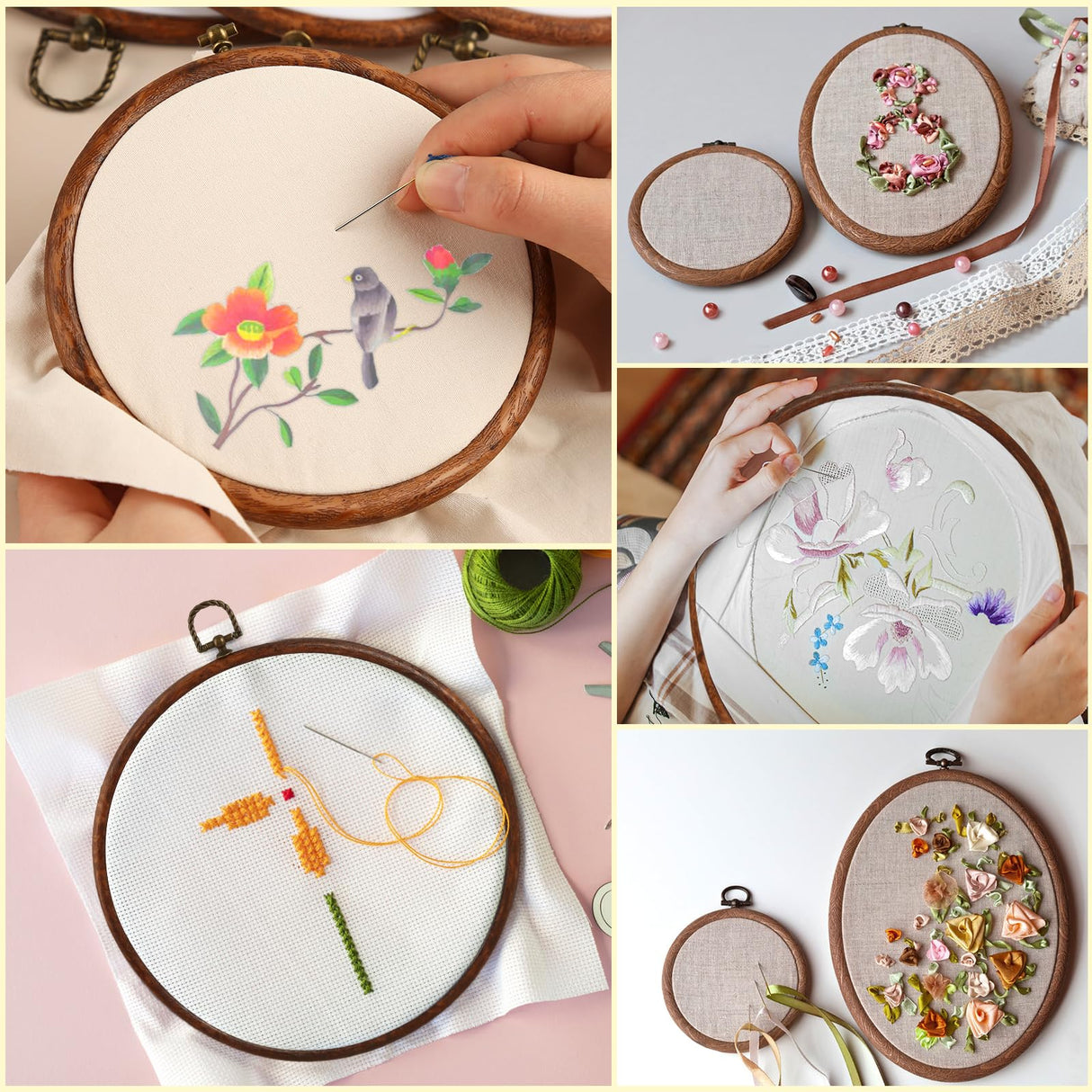 4 Pack Embroidery Hoop Ring, Imitated Wood Display Frame Circle and Oval Embroidery Kits with 30 Pieces Large Eye Embroidery Needles, Quilting Hoop and Cross Stitch Supplies for Sewing and Wall Hang JUPEAN