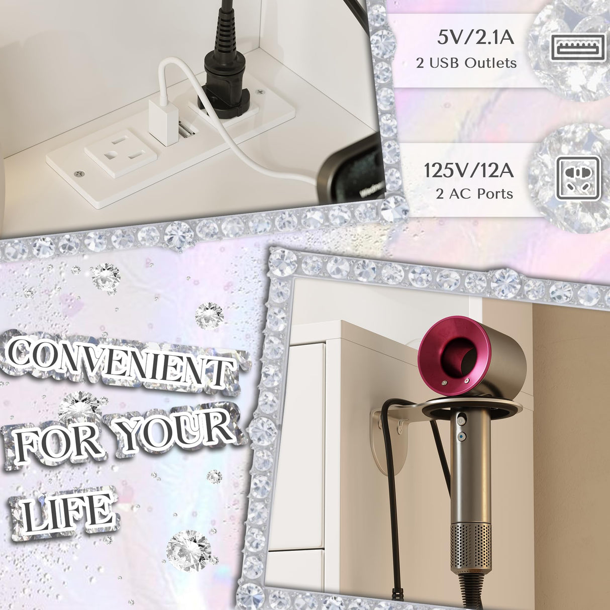 Vanity Desk with Mirror and Lights, Diamond Edition Vanity Desk with 9 Drawers and 6 Storage Shelves Dressing Table, Vanity Desks with Power Outlet and 3 Color Modes 10 LED Bulb for Girls Bedroom Dowinx