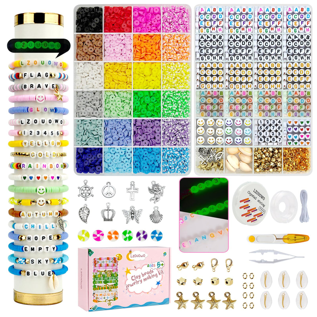 LZOUOWO Friendship Bracelet Kit Concert Bracelets Merch, 7200pcs Clay Beads for Bracelet Making Kit with Glow Beads Letter Beads and Smile Face Number Beads Jewelry for Crafts Gift LZOUOWO