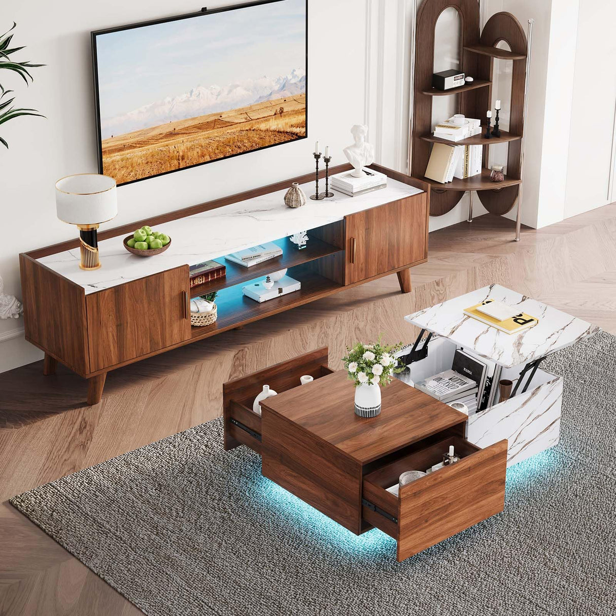 Svimi Modern Lift Top Coffee Table & 65" TV Stand Set of 2, Extendable LED Entertainment Center with Power Outlets/Hidden Storage(Walnut Brown & White Coffee Table + Walnut Brown TV Stand) Svimi