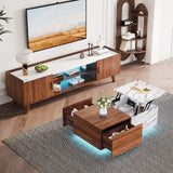 Svimi Modern Lift Top Coffee Table & 65" TV Stand Set of 2, Extendable LED Entertainment Center with Power Outlets/Hidden Storage(Walnut Brown & White Coffee Table + Walnut Brown TV Stand) Svimi