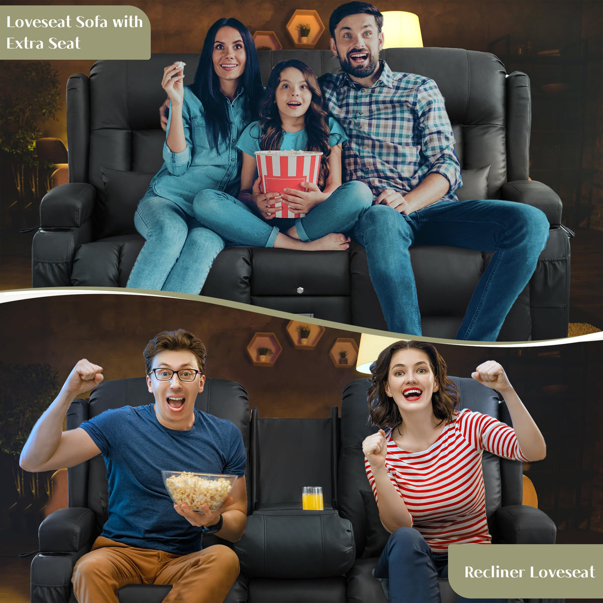 TUNYI Power Loveseat Recliner Sofa, Faux Leather Reclining Sofa with Console RV Reclining Loveseat Couch with USB/Outlet/Storage/Side Pocket/LED Light/Speaker (Black, Loveseat) TUNYI