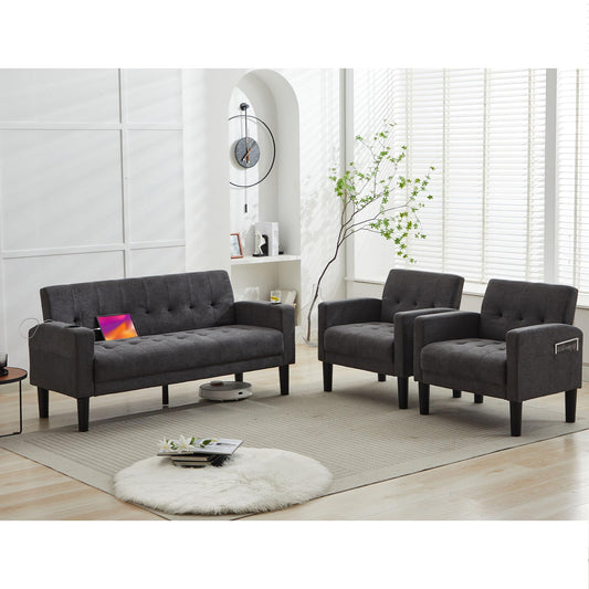 TYBOATLE Sofa Couch, Living Room Furniture Sectional Sofa Sets of 3 Pcs, Tufted Mid-Century Loveseat w/USB, Cupholders & Comfy Single Sofa for Small Space, Apartment, Office (Dark Grey)