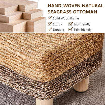 Cpintltr Foot Stool Ottoman Rectangular Footrest Pouf Ottomans Natural Seagrass Footstool with Wooden Legs Hand Weave Step Stool for Living Room Bedroom Entryway Natural White - WoodArtSupply