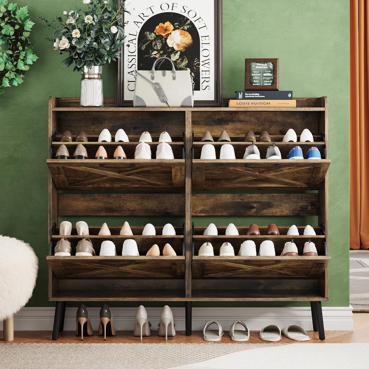 Maupvit Large Shoe Cabinet with 4 Flip Drawers, Freestanding Shoe Organizer with Metal Drawer Bracket for Entryway, Narrow Shoe Rack Cabinet, 5 Sturdy Legs, Rustic Brown Maupvit