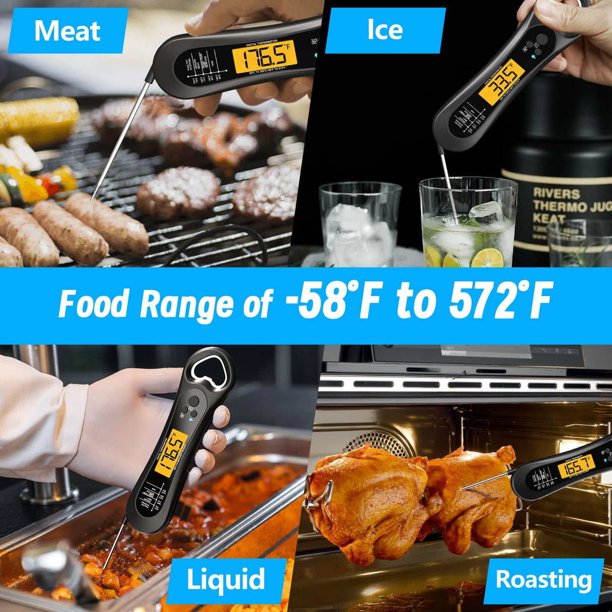 Meat Thermometer Digital, Instant Read Meat Thermometer for Grill and Cooking, with Bottle Opener, Backlight & Calibration Food Thermometer, Kitchen Gadgets for BBQ, Turkey, Candy, Liquids (Blue) Biison