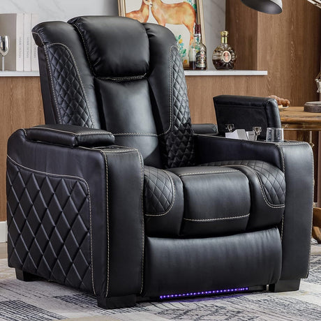 CANMOV Electric Power Recliner Chair with Ambient Lighting, Faux Leather Dual Motor Power Home Theater Seating with Adjustable Headrest, Hidden Arm Storage,Cup Holders,USB Ports (Single, Black) CANMOV