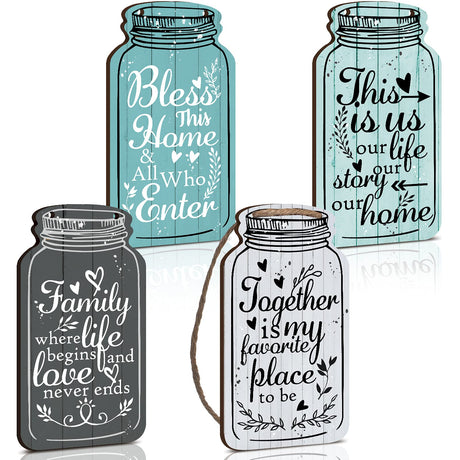 Jetec 4-Piece Mason Jar Wall Hanging Plaque Set - Rustic Farmhouse Decor Signs - Bless This Home, Family, Together, Love, Life, Home, Forever - Wooden Wall Mount - Approx. 8.3 x 4.5 x 0.24 Inches Jetec