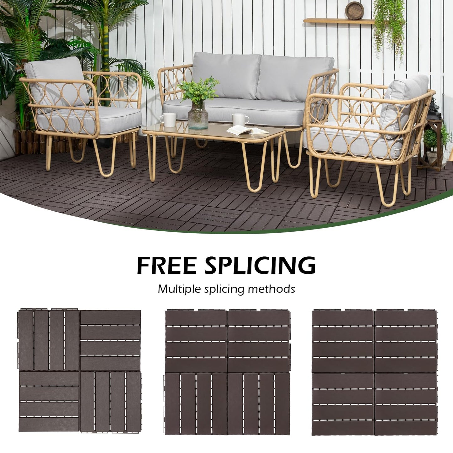 Dyna-Living 60 sq. ft Plastic Interlocking Deck Tiles, 60 Pack, 12"x12" Indoor Outdoor Waterproof Patio Floor Decking Tiles for Balcony, Backyard, Garden & Poolside, All Weather Use, Dark Brown