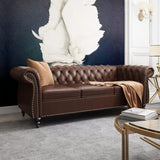 AVZEAR Chesterfield Leather Sofa 3 Seater Couch, Mid-Century Large Sofa Roll Arm Classic Tufted Settee Modern PU Sofa with Channel Tufted Seat Back for Living Room, Office, Apartment, PU Brown AVZEAR