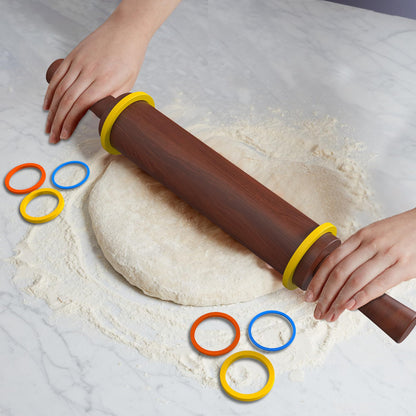 Mepple Classic Wooden Rolling Pin with Handle for Fondant, Pizza, Pies, Cookies, Pastries, Rolling Pin for Baking with 3 Multi-Color Thickness Rings, 17" x 2.5" Natural Sapele Rolling Pin