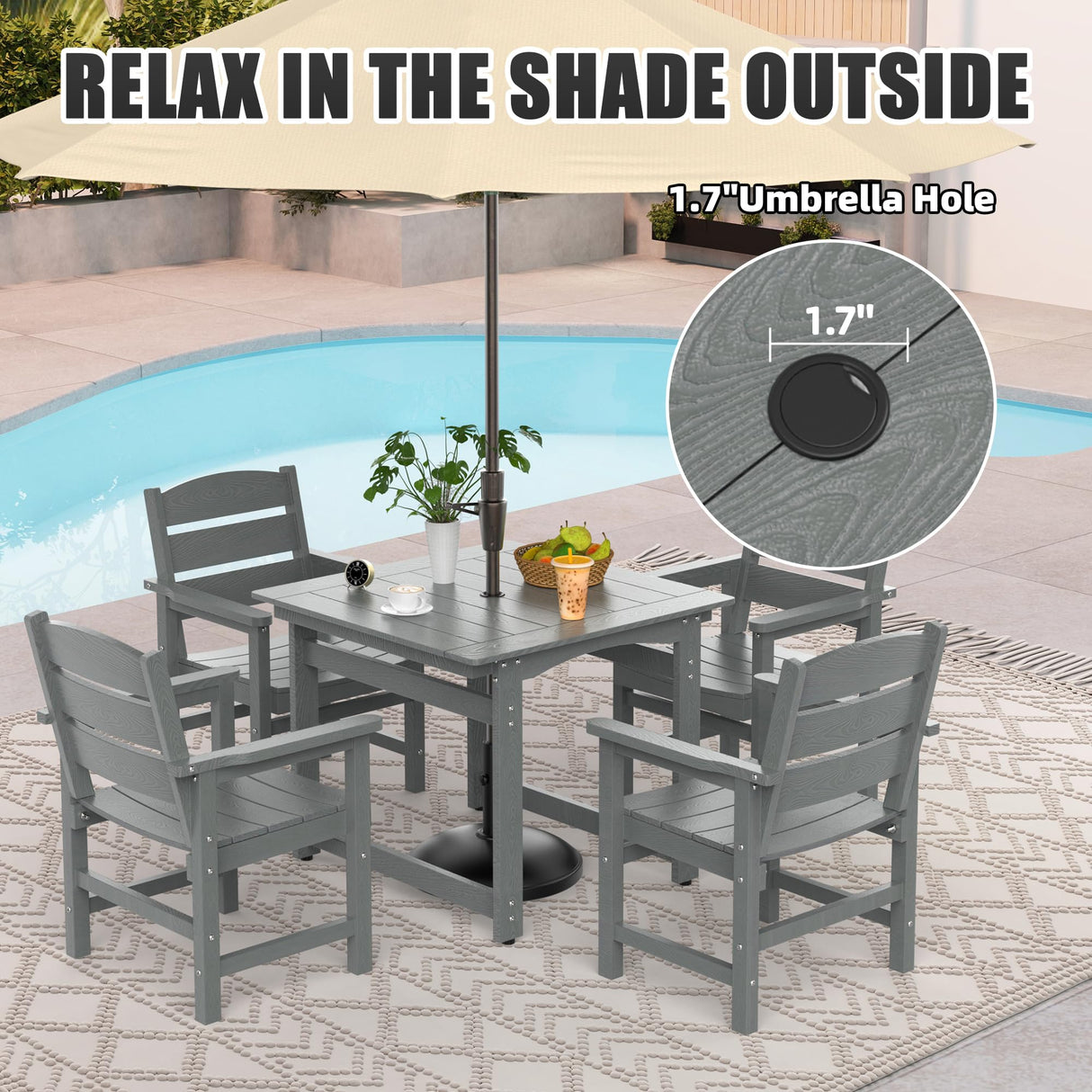 Sunnibety 5-Piece HIPS Patio Dining Set, Outdoor Dining Table and Chairs Set with Umbrella Hole, Weatherproof Dining Table Set for 6 Person, Patio Furniture Set for Outside Deck, Grey Sunnibety