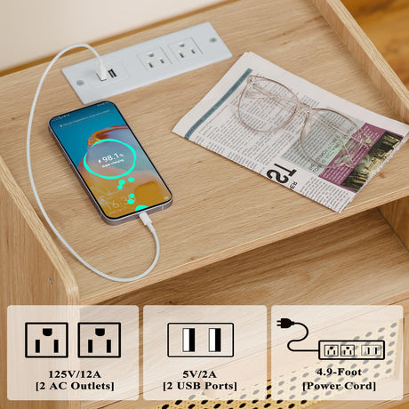 Lerliuo Rattan Nightstand with Charging Station, Boho Side Table with Drawer Open Shelf, Cane Accent Bedside End Table with Solid Wood Legs for Bedroom, Dorm and Small Spaces Lerliuo