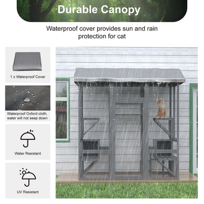 TIMHAKA 72 Inch Cat Catio, Large Catio Outdoor Cat Enclosure with Sunshine Panel Roof and Waterproof Cover, Walk-in Wooden Cat House for Patio with 7 Platforms & 2 Resting Box, Grey Feral Kit - WoodArtSupply