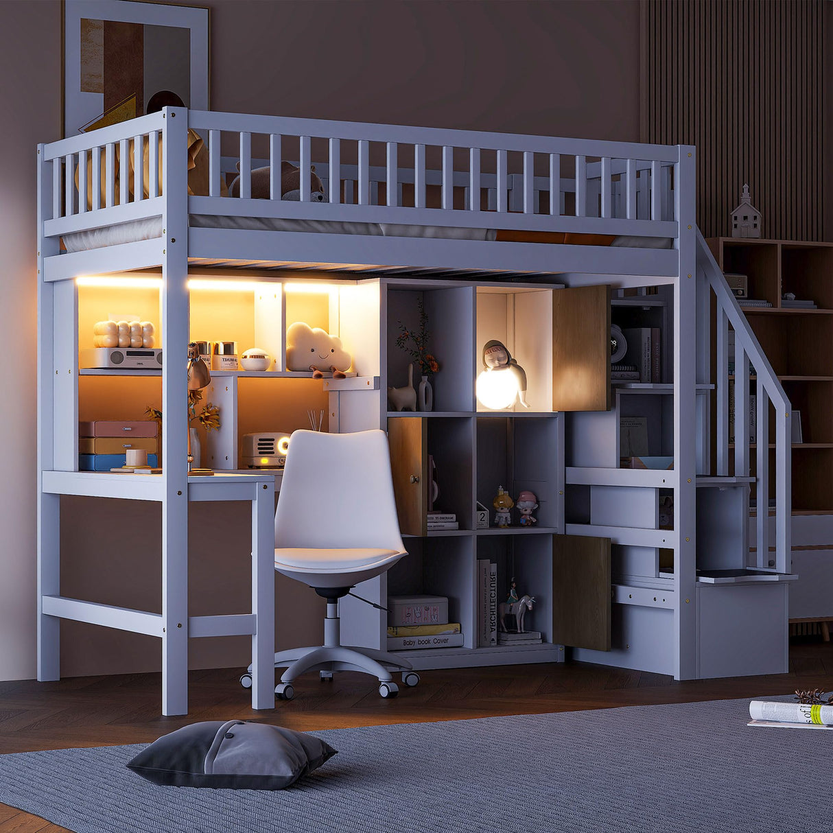 Ball & Cast Twin Size Solid Wood Loft Bed with Built-in L-Desk & Storage - Kids Bed Frame with LED Lights,Shelves & Safety Rails - Space-Saving Design,for Teens,No Box Spring Required,White Ball & Cast