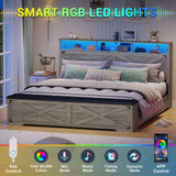 Hasuit Queen Size Bed Frame with Storage Ottoman, Farmhouse Bed Frame with Charging Station and Led Light, Headboard with Storage Rack, Metal Slats, No Noise Design, No Box Spring Needed,Oak Grey Hasuit