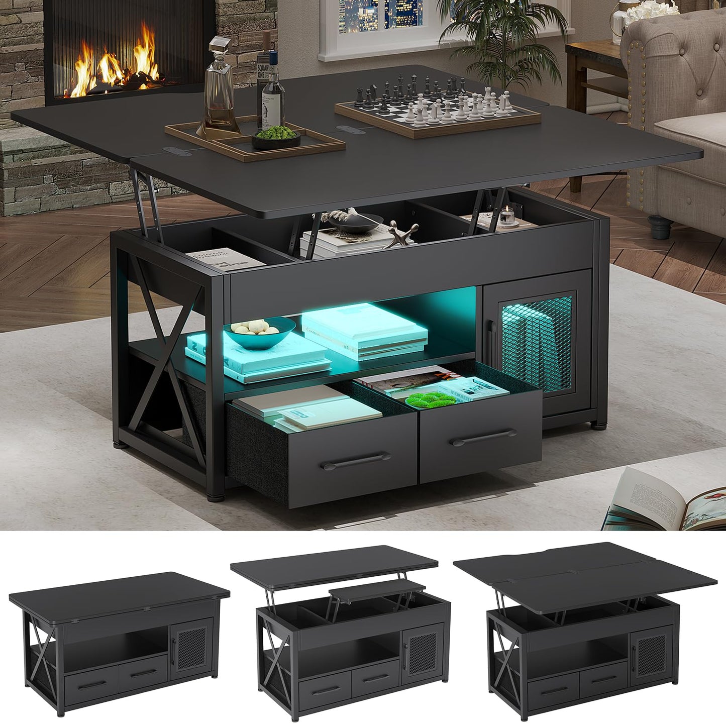 Itaar 40" Lift Top Coffee Table, 4 in 1 Coffee Tables with Storage Cabinet for Living Room, Small Farmhouse Coffee Table with 2 Fabric Drawers & LED Light for Dining Room, Black - WoodArtSupply