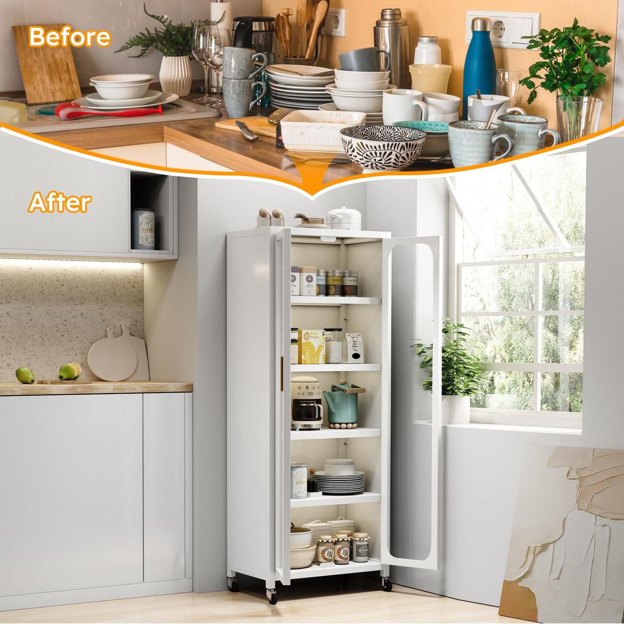 Runboll Kitchen Pantry Storage Cabinet, 6 Tier Metal Sideboard with Wheels and Acrylic Glass Door, Modern Display Curio Cabinet Bookcase White Runboll