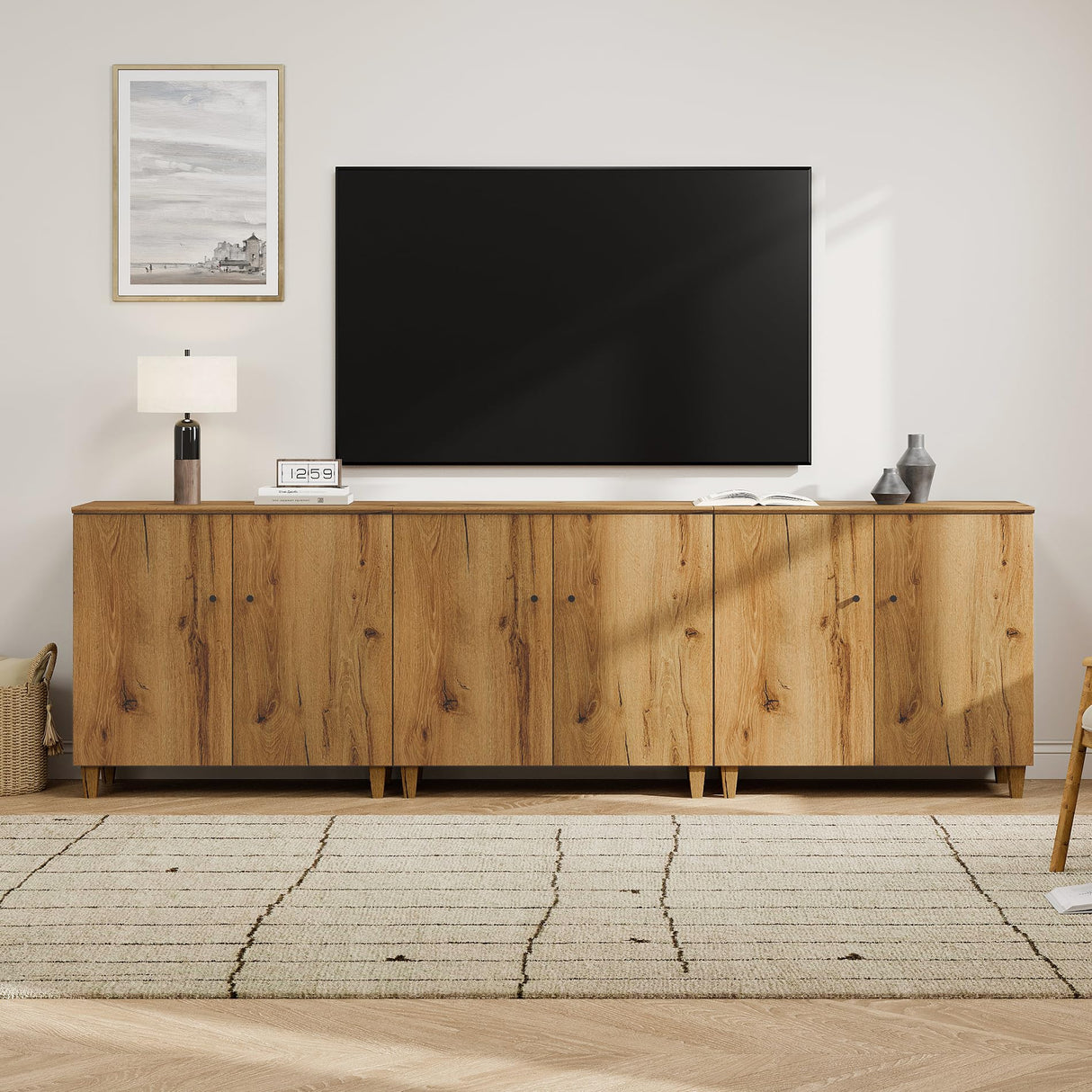 WAMPAT TV Stand Cabinets for 85+ Inches TVs, 3-in-1 Wood Entertainment Center with Doors and 9 Compartments, 106" Modern Media Console Table with Storage for Living Room Bedroom, Oak Brown WAMPAT