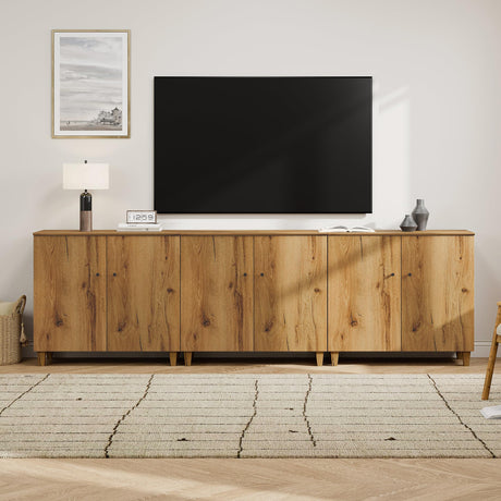 WAMPAT TV Stand Cabinets for 85+ Inches TVs, 3-in-1 Wood Entertainment Center with Doors and 9 Compartments, 106" Modern Media Console Table with Storage for Living Room Bedroom, Oak Brown WAMPAT